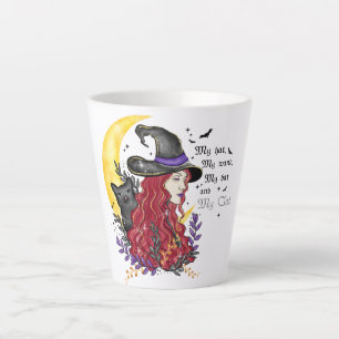 Heks met zwarte kat en halve maan latte mok