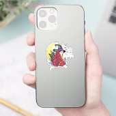 Heks met zwarte kat en halve maan sticker (Telefoon)