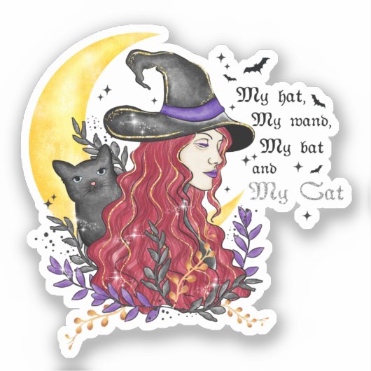 Heks met zwarte kat en halve maan sticker (Voorkant)