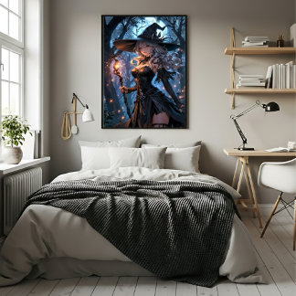 Heks onder maneschijn in betoverd bos poster