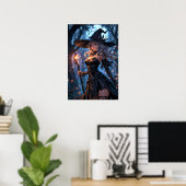 Heks onder maneschijn in betoverd bos poster (Thuiskantoor)