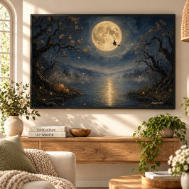 Heks onder vollemaan gotische Halloween-meer Canvas Afdruk