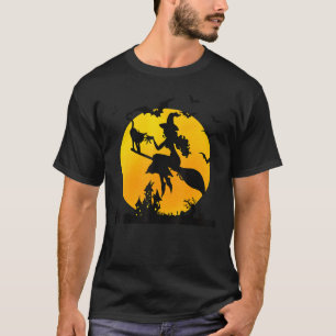 Heks op Bezem Maan Kat en Vleermuizen Halloween T-shirt
