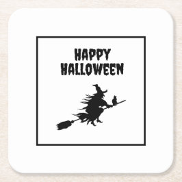 Heks op bezem met kat Halloween Kartonnen Onderzetters