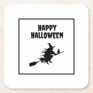 Heks op bezem met kat Halloween Kartonnen Onderzetters