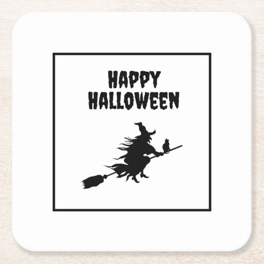 Heks op bezem met kat Halloween Kartonnen Onderzetters (Voorkant)