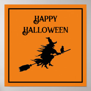 Heks op bezem met kat poster