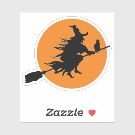 Heks op bezem met kattensilhouet en maan sticker (Vel)