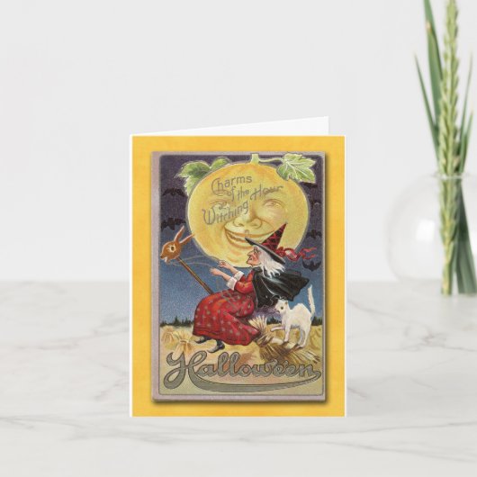 Heks op bezemsteel Halloween kaart (Voorkant)