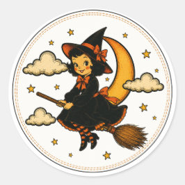 Heks op bezemsteel Halloween vintage Ronde Sticker