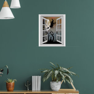 Heks Op Bezemsteel Raam Uitzicht Halloween Poster
