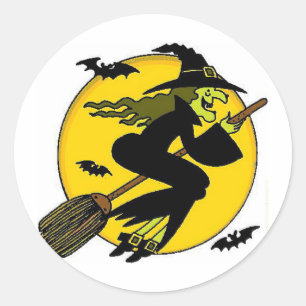 Heks op Bezemsteel Ronde Sticker