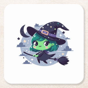 Heks op Broom Halloween Schattigee Cartoon Moon Ba Kartonnen Onderzetters