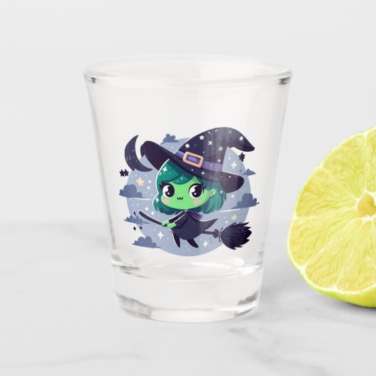 Heks op Broom Halloween Schattigee Cartoon Moon Ba Shot Glas (Voorkant)