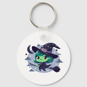 Heks op Broom Halloween Schattigee Cartoon Moon Ba Sleutelhanger