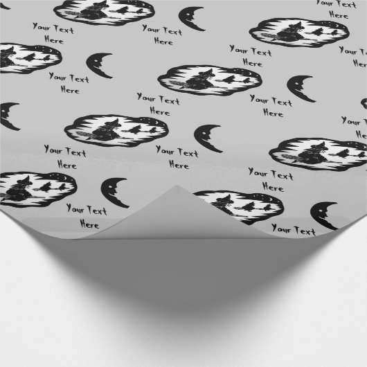 heks op broomstick met zwarte kat en vleermuis cadeaupapier (Hoek)