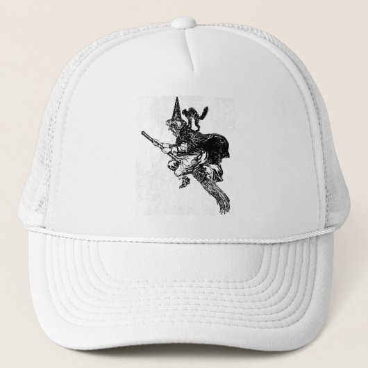  heks op broomstick met zwarte kat trucker pet (Voorkant)
