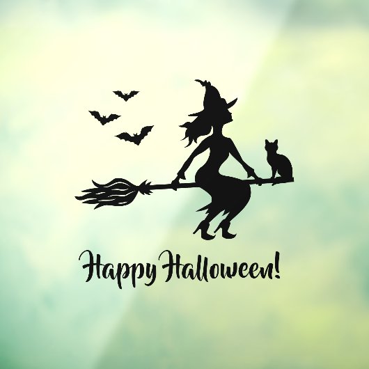Heks op een bezem Happy Halloween Zwart Silhouet Raamsticker (Vel 3)
