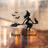 Heks op een bezem Happy Halloween Zwart Silhouet Raamsticker (Vel 2)