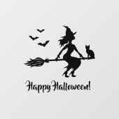 Heks op een bezem Happy Halloween Zwart Silhouet Raamsticker (Vel)