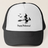 Heks op een bezem Happy Halloween Zwart Silhouet Trucker Pet (Voorkant)
