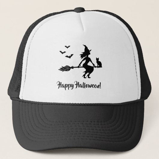 Heks op een bezem Happy Halloween Zwart Silhouet Trucker Pet (Voorkant)