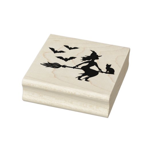Heks op een bezem met een kat en drie vleermuizen rubberstempel (Stempel)