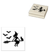 Heks op een bezem met een kat en drie vleermuizen rubberstempel (Gestempeld)