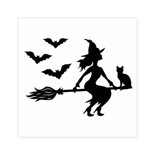 Heks op een bezem met een kat en drie vleermuizen rubberstempel (Afrduk)
