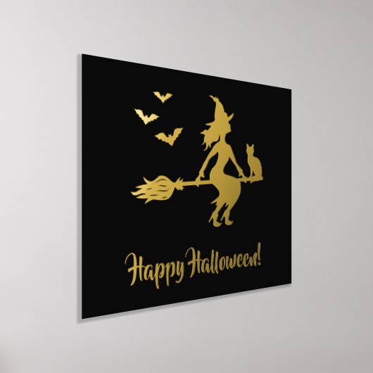 Heks op een bezem met kat en vleermuizen gelukkig folie afdrukken (Laagn)