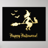 Heks op een bezem met kat en vleermuizen gelukkig folie afdrukken (Voorkant)