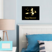 Heks op een bezem met kat en vleermuizen gelukkig folie afdrukken (Insitu (Slaapkamer))