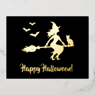 Heks Op Een Bezem Vrolijke Halloween Silhouet Folie Feestdagen Briefkaart