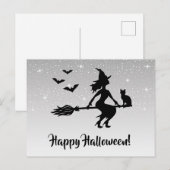 Heks op een bezem zilver grijs en zwart Halloween Briefkaart (Voorkant / Achterkant)