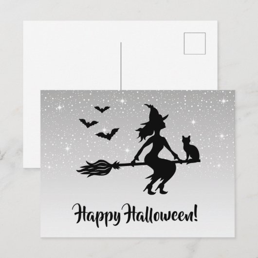 Heks op een bezem zilver grijs en zwart Halloween Briefkaart (Voorkant / Achterkant)