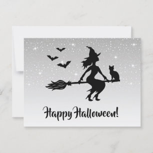 Heks op een bezem zilver grijs en zwart Halloween Briefkaart