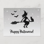 Heks op een bezem zilver grijs en zwart Halloween Briefkaart (Voorkant)
