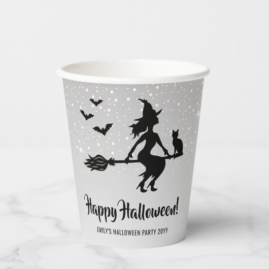 Heks op een bezem zilver grijs en zwart Halloween Papieren Bekers (Voorkant)