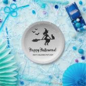 Heks op een bezem zilver grijs en zwart Halloween Papieren Bordje (Feest)