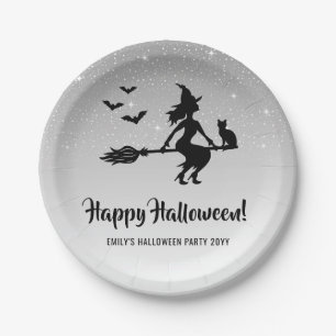 Heks Op Een Bezem Zilver Grijs En Zwart Halloween Papieren Bordje