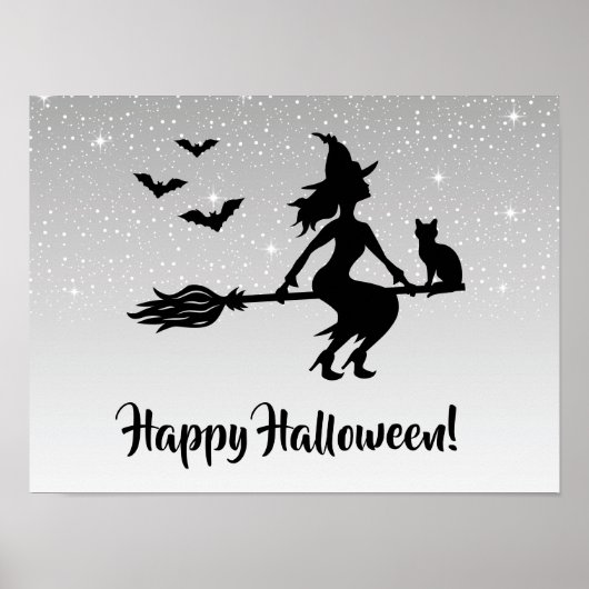 Heks op een bezem zilver grijs en zwart Halloween Poster (Voorkant)