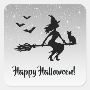 Heks op een bezem zilver grijs en zwart Halloween Vierkante Sticker