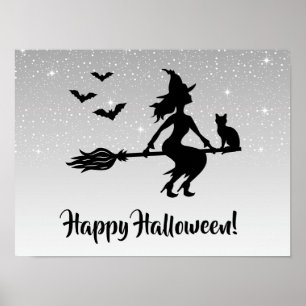 Heks Op Een Bezem Zilver Grijs En Zwarte Halloween Poster