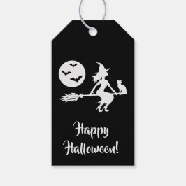 Heks op een bezem zwart en wit gelukkig Halloween Cadeaulabel
