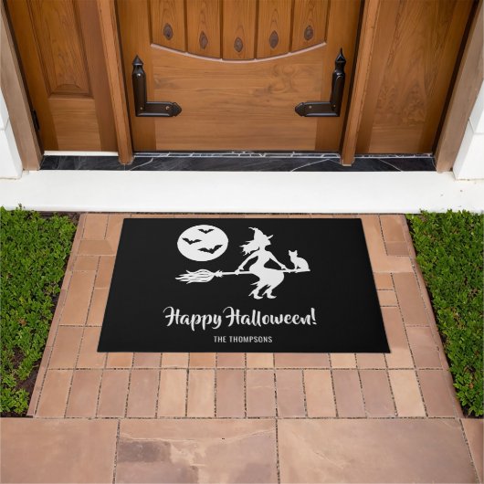 Heks op een bezem zwart en wit gelukkig Halloween Deurmat (Buiten)