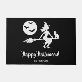 Heks op een bezem zwart en wit gelukkig Halloween Deurmat