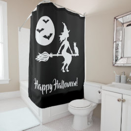 Heks Op Een Bezem Zwart En Wit Gelukkig Halloween Douchegordijn