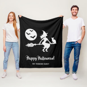 Heks op een bezem zwart en wit gelukkig Halloween Fleece Deken