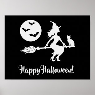 Heks op een bezem zwart en wit gelukkig Halloween Poster