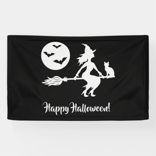 Heks op een bezem zwart en wit gelukkig Halloween Spandoek (Horizontaal)